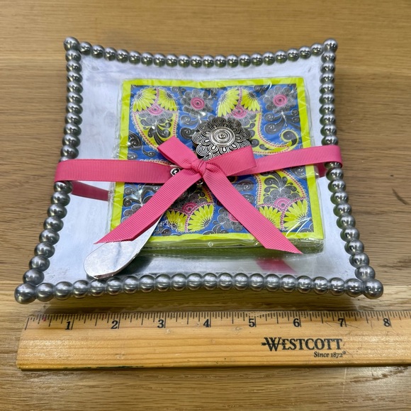Mud Pie Gift Metal Beaded Napkin Tray Set with Paisley Napkins and Spreader - Picture 4 of 7